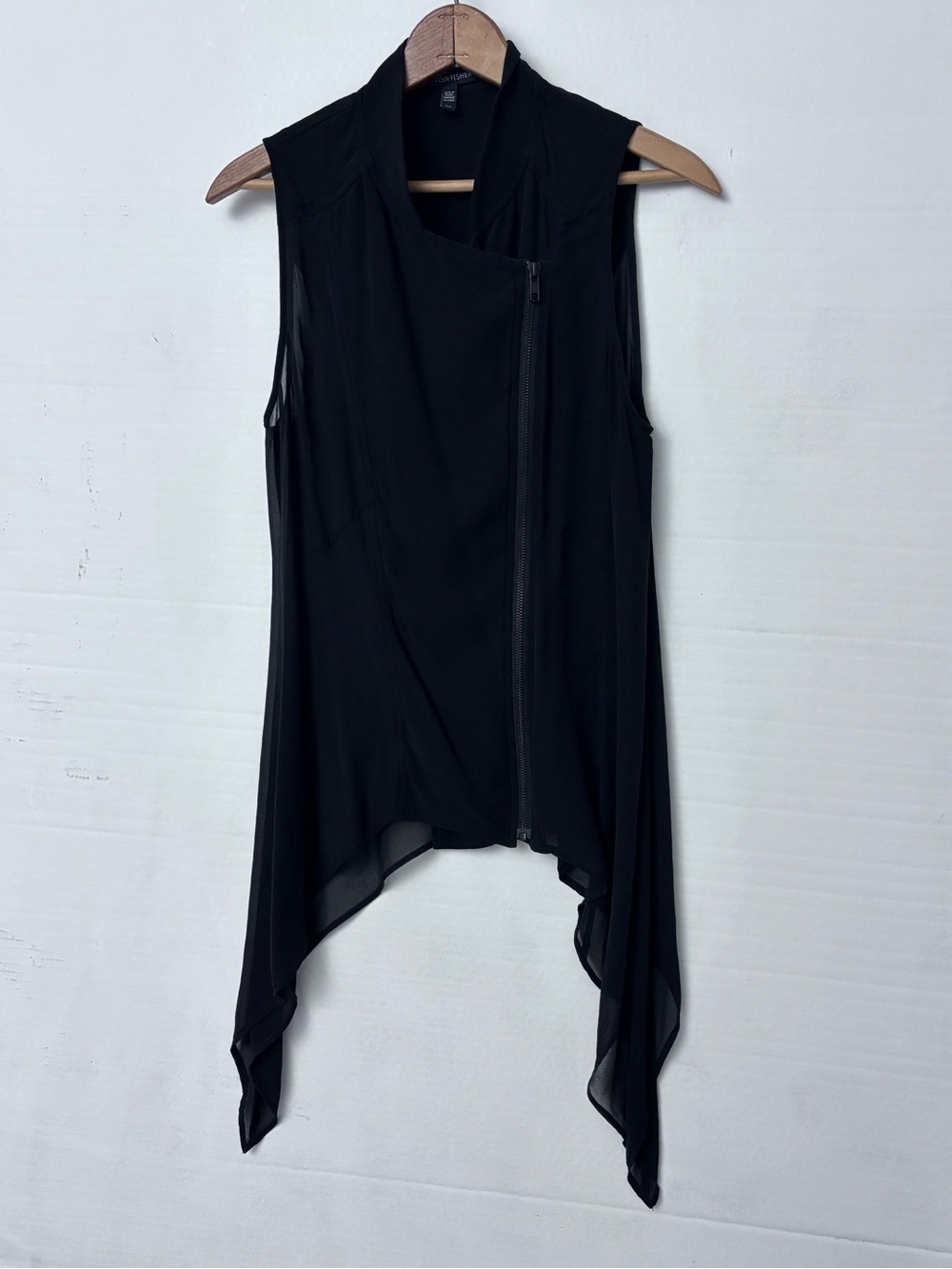 Eileen Fisher Petite Top Sheer Asymmetrical Sleeveless Zip Front Small